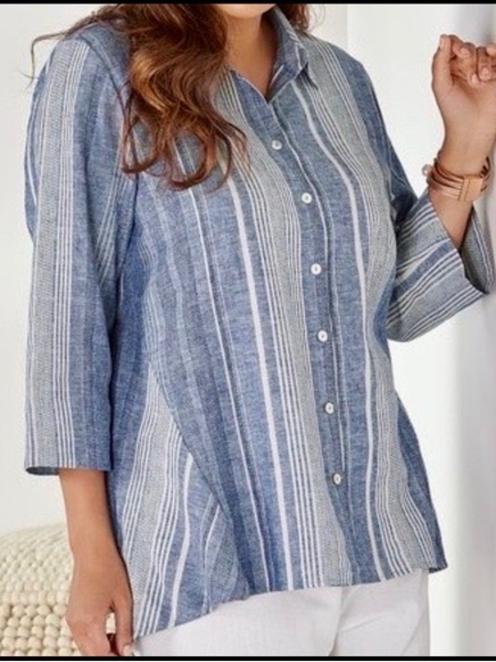 Soft Surroundings Livienne Striped Button Down Top Linen Cotton Blend M Blue